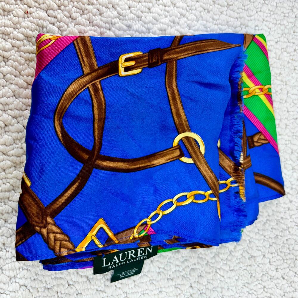 100% Silk Lauren Ralph Lauren Equestrian Scarf 12" x 53" Bridles Saddles Chains - Picture 4 of 4